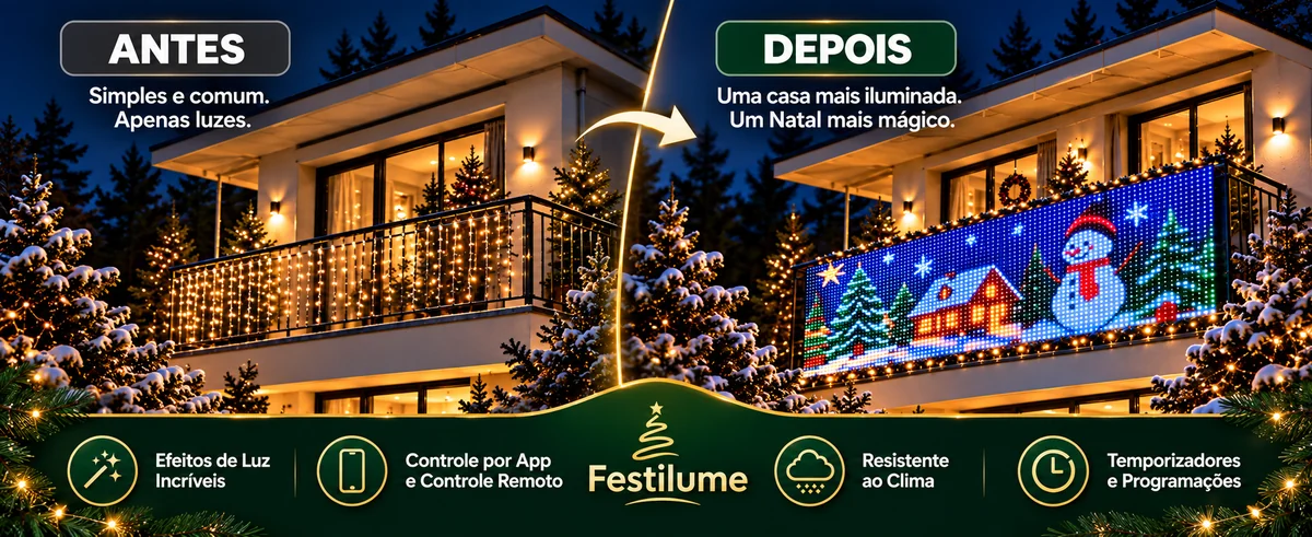 Antes e depois da cortina animada
